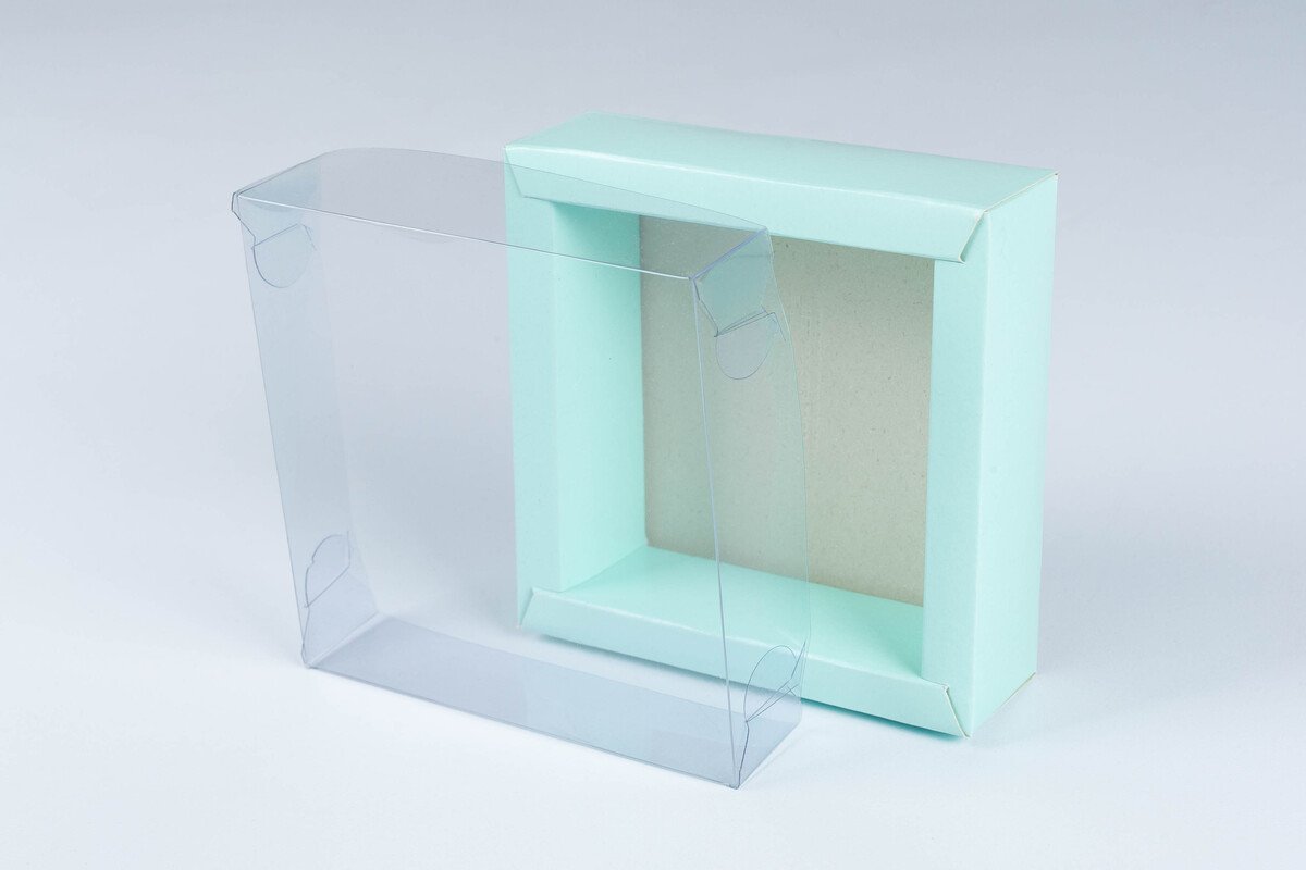 Caja doble pared con tapa de acetato 10X10X4cm- AGUA MARINA