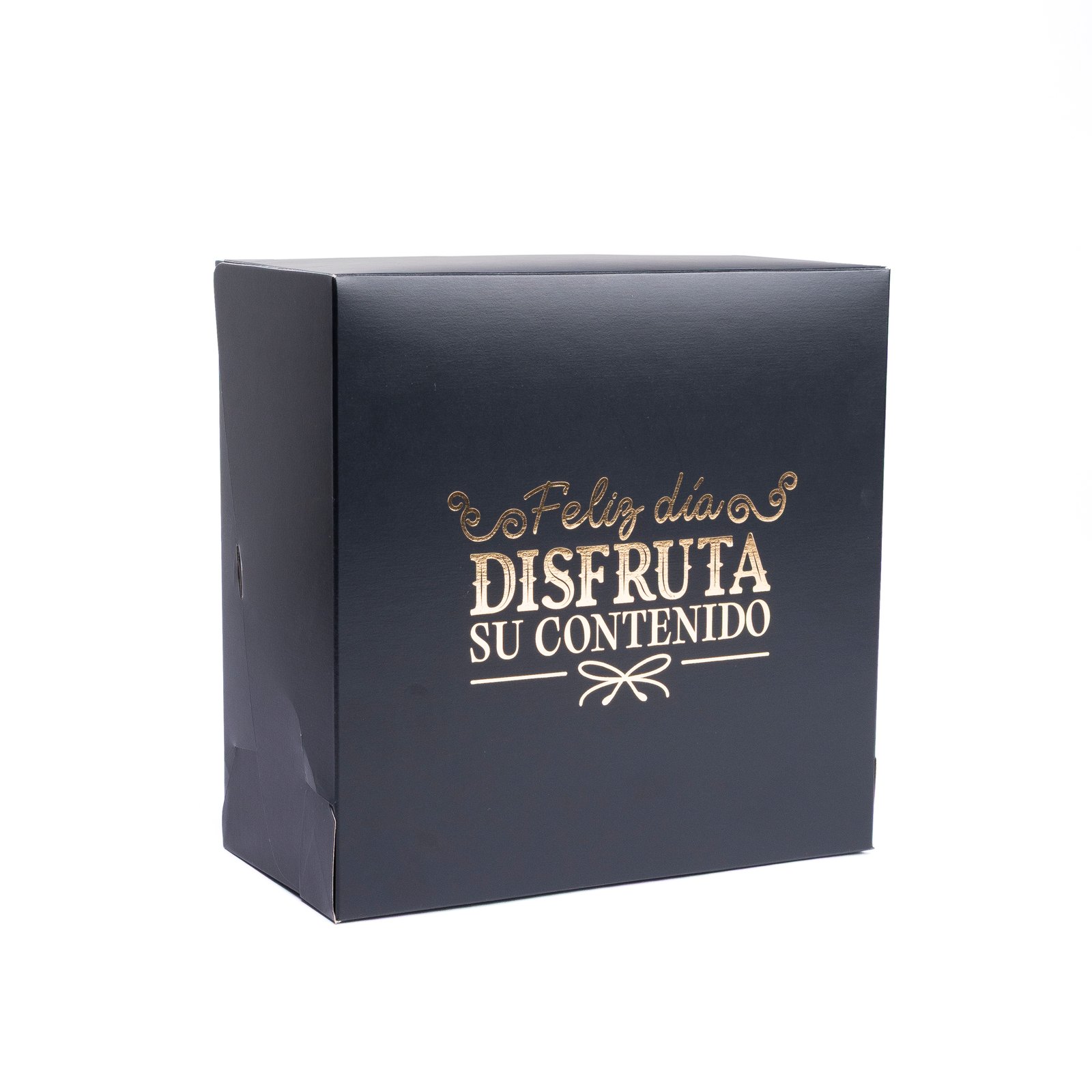 Caja Feliz dia metalizado dorado_20X20X10 Caja de cartón Negro con Estampado metalizado dorado (FELIZ DIA)
