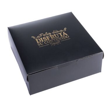 Caja de cartón Negro con Estampado metalizado dorado (feliz día) 25x25x10