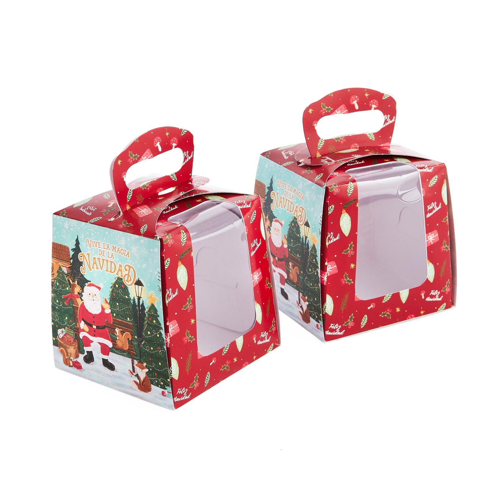 Caja de cartón para muffin tipo maletín - 9,5X9,5X9,5 cm (Papa noel Eco)