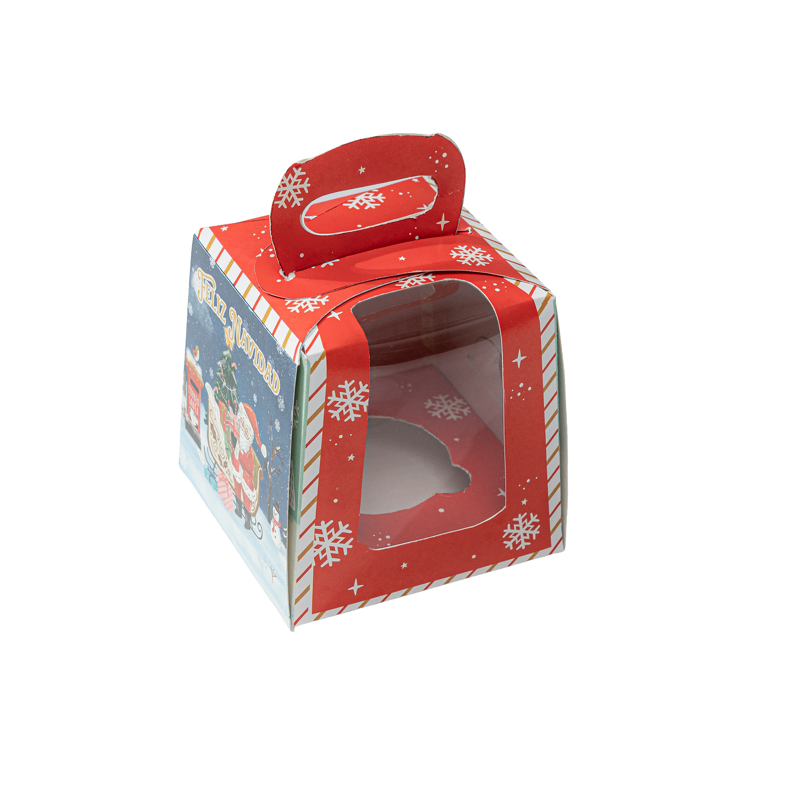 Caja de cartón para muffin tipo maletín – 9,5X9,5X9,5 cm (Trineo navideño)